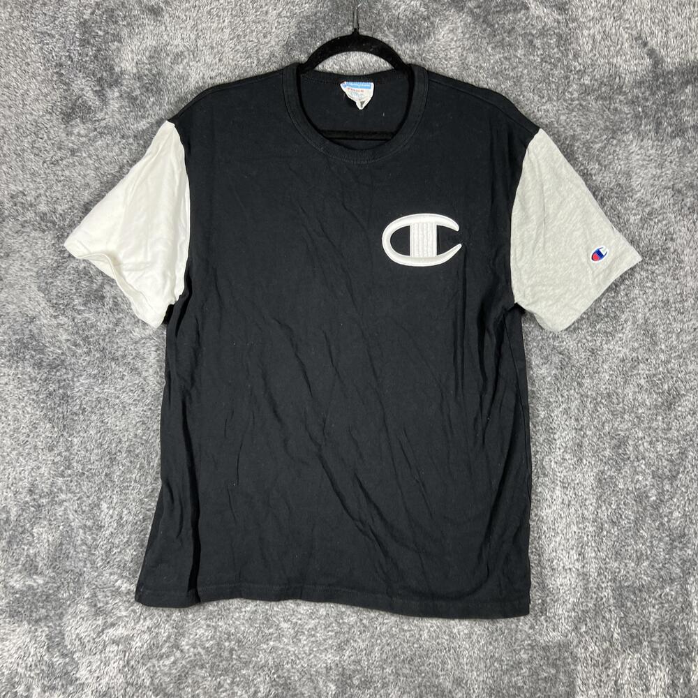 Champion Shirt Mens M Black Short Sleeve Crew Neck Embroidered Colorblock - Picture 1 of 8